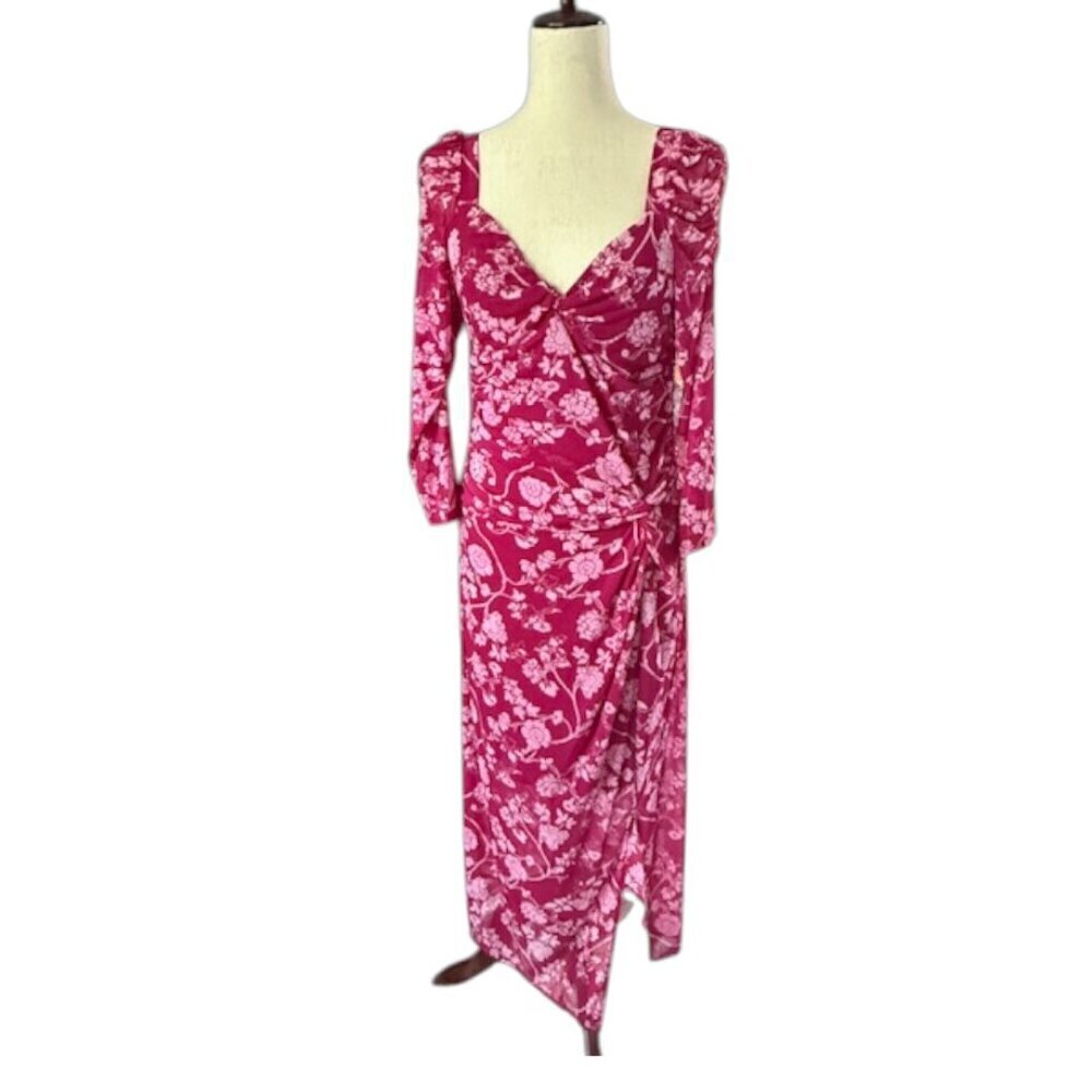 House of Harlow Raspberry Pink Floral Ruched Draped Bodycon Midi Dress Med NWT
